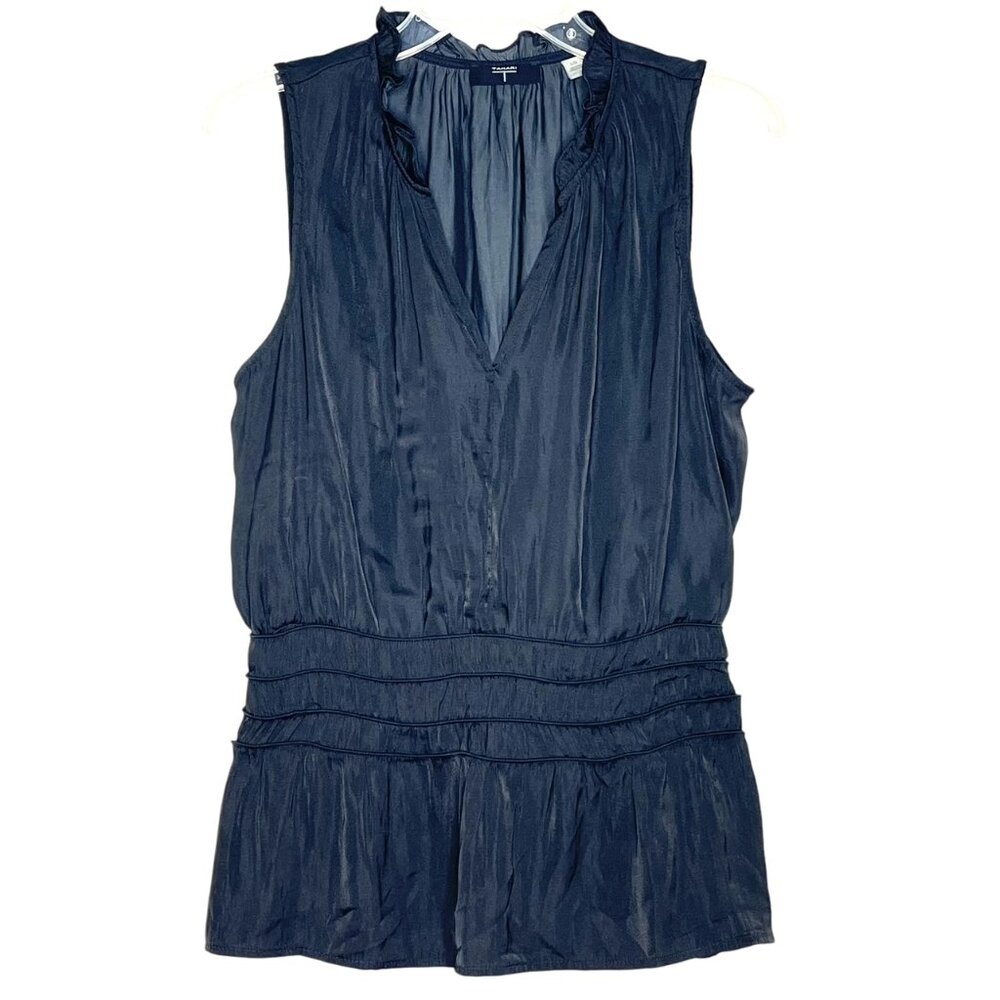 NWT T Tahari Black Sleeveless Elastic Smocked Waist Peplum Blouse Size L